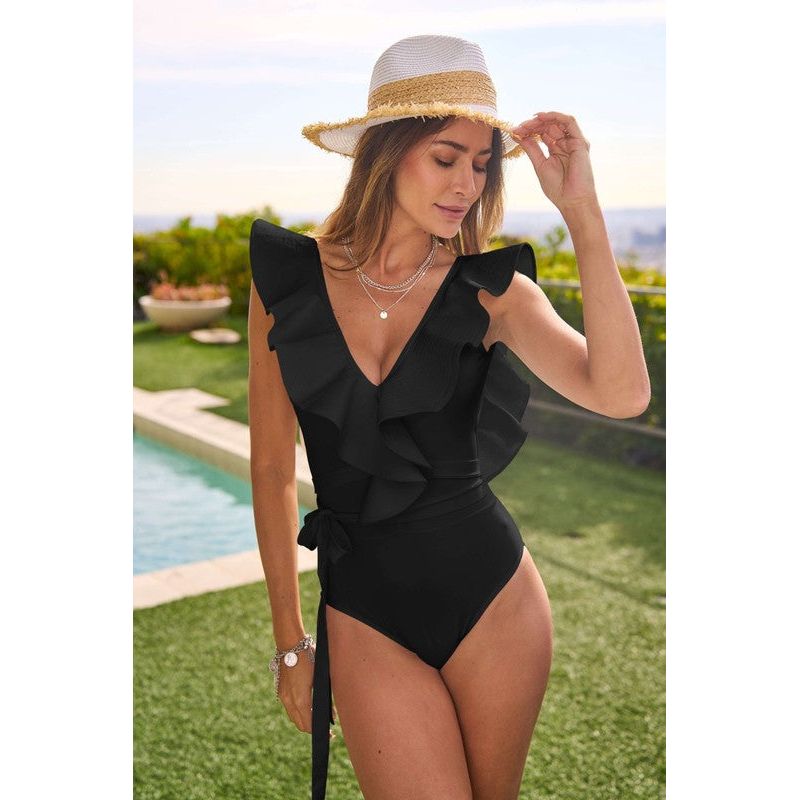 Solid Ruffle Sleeve Tie Front One Piece Swimsuit