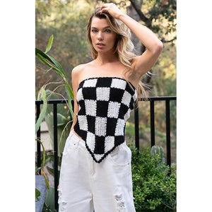 Checkerboard Pattern Tube Top Sweater