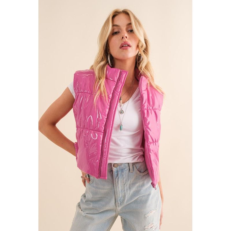 Gloss Shiny PU Quilted Puffer Zip Up Crop Vest