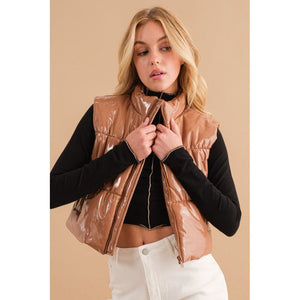 Gloss Shiny PU Quilted Puffer Zip Up Crop Vest