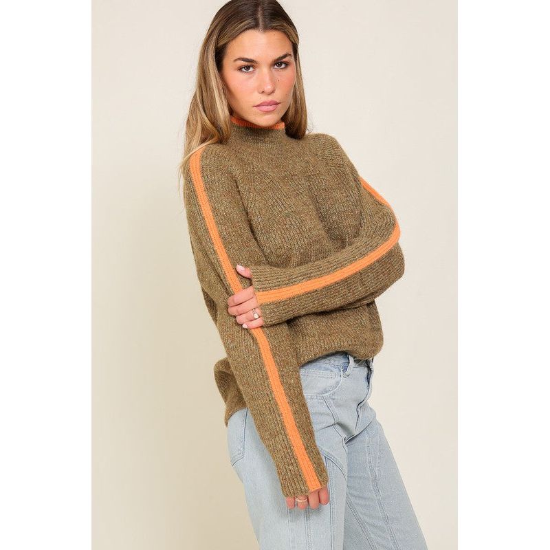 Marled Brown Raglan Sleeve Funnel Neck Sweater