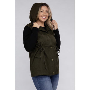 Plus Drawstring Waist Military Hoodie Vest