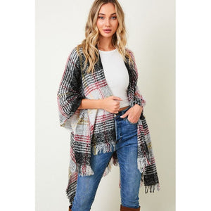 MULTI COLOR PLAID FRINGE TRIM PONCHO SHAWL