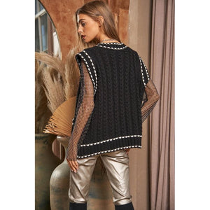 Solid V-Neck Sleeveless Pocket Detail Sweater