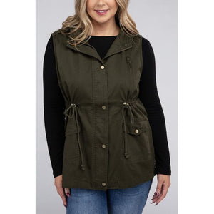 Plus Drawstring Waist Military Hoodie Vest