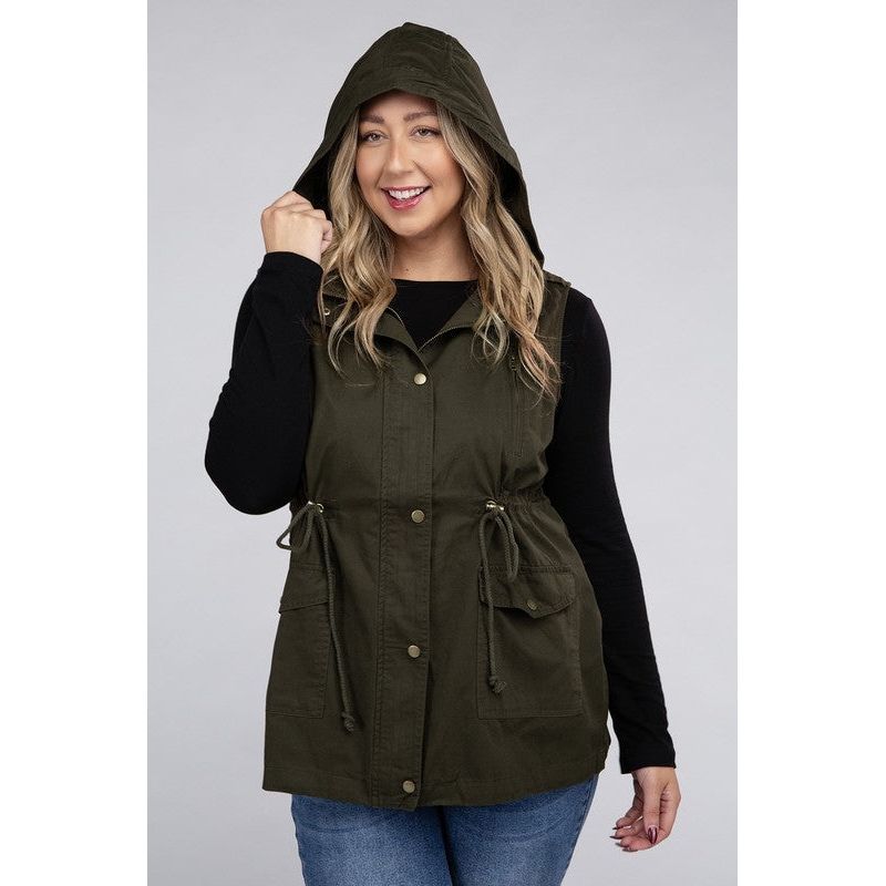 Plus Drawstring Waist Military Hoodie Vest