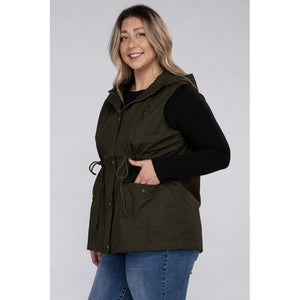 Plus Drawstring Waist Military Hoodie Vest