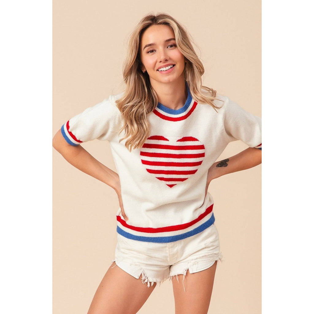 BiBi US Flag Theme Striped Heart Sweater