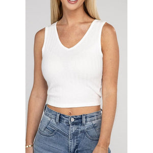 Ribbed Scoop Neck Cropped Sleeveless Top