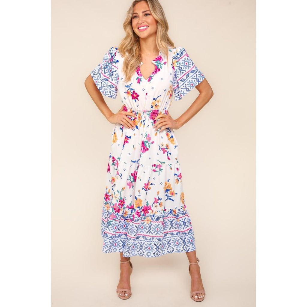 Haptics Printed Notched Short Sleeve Tiered Dress