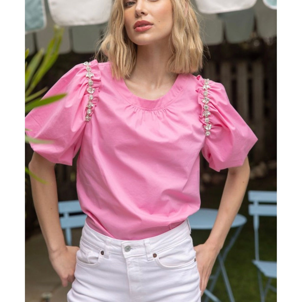 Embellished Puff Sleeve Poplin Top