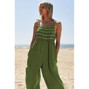 Washed Multi Smocked Detail Tie Straps Jumpsuit