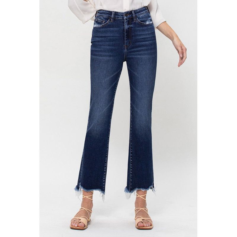 High Rise Distressed Hem Kick Flare Jeans