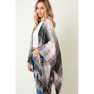 MULTI COLOR PLAID FRINGE TRIM PONCHO SHAWL