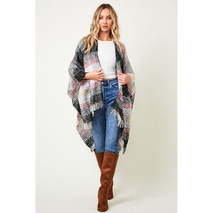 MULTI COLOR PLAID FRINGE TRIM PONCHO SHAWL