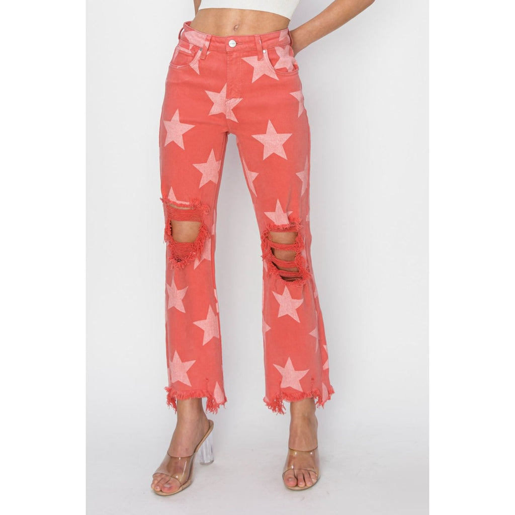 RISEN Full Size Distressed Raw Hem Star Pattern Jeans