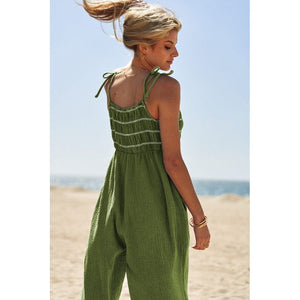 Washed Multi Smocked Detail Tie Straps Jumpsuit