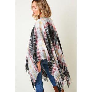 MULTI COLOR PLAID FRINGE TRIM PONCHO SHAWL