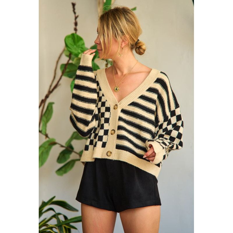 Contrast pattern sweater cardigan