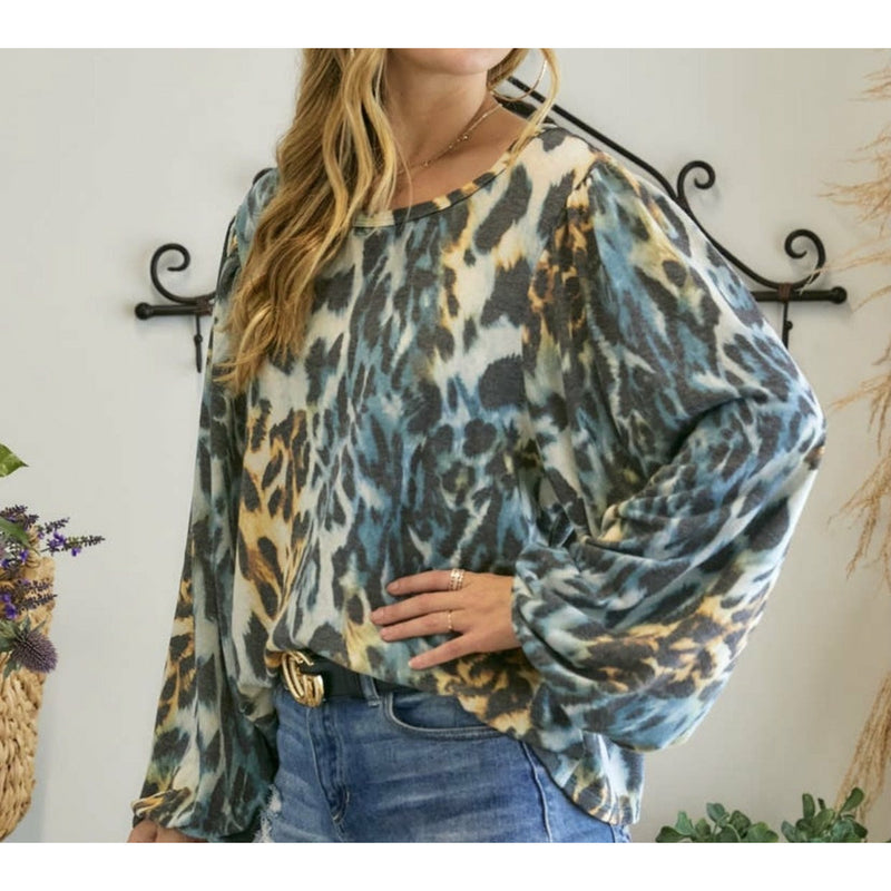 Leopard crew neck puff Top